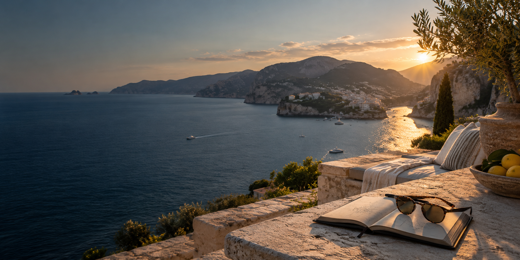 Mediterrane Küste bei Sonnenuntergang, gesehen von einer ruhigen Steinterrasse